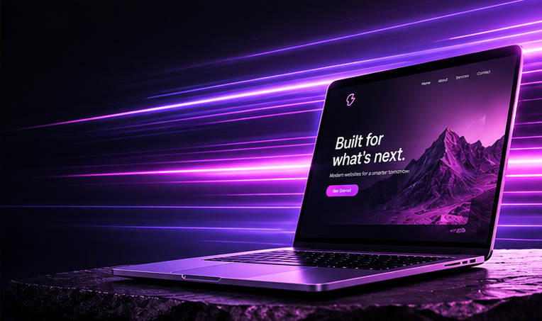 Purple-lit laptop on a dark surface with a futuristic mountain wallpaper and “Built for what’s next” on screen