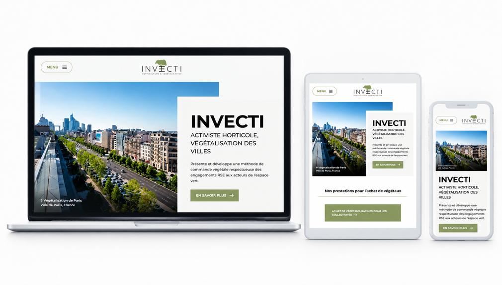 Responsive website mockup displayed on desktop, tablet, and smartphone screens