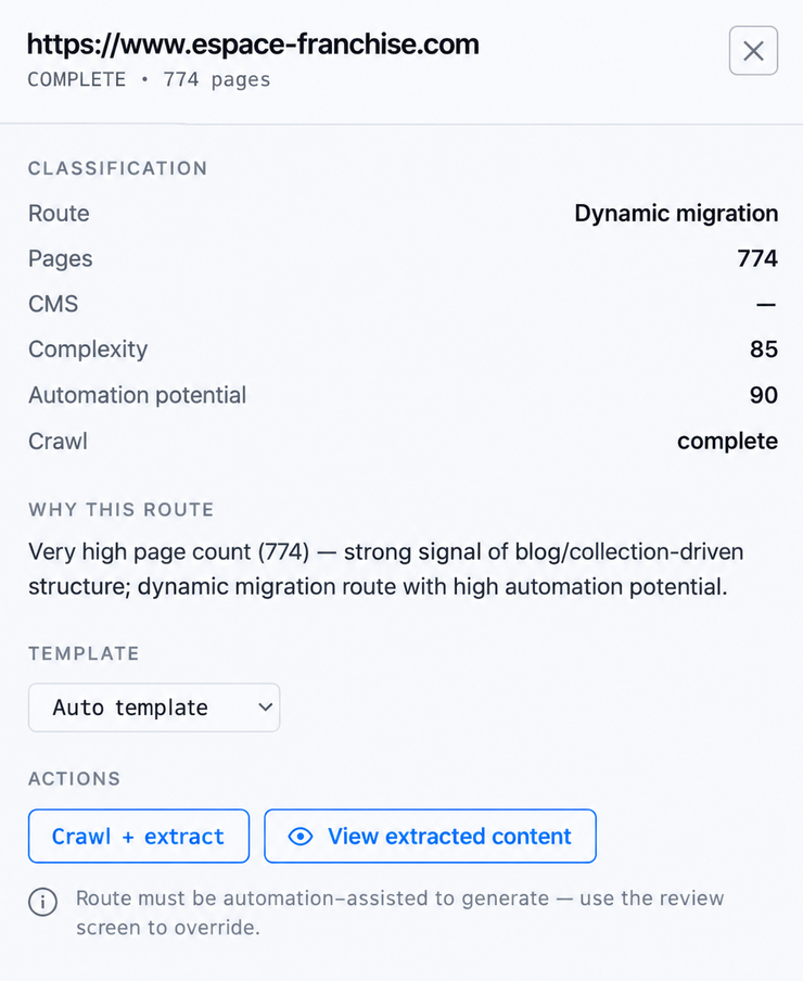 Webpage screenshot showing a classification panel for dynamic migration with buttons like “Crawl