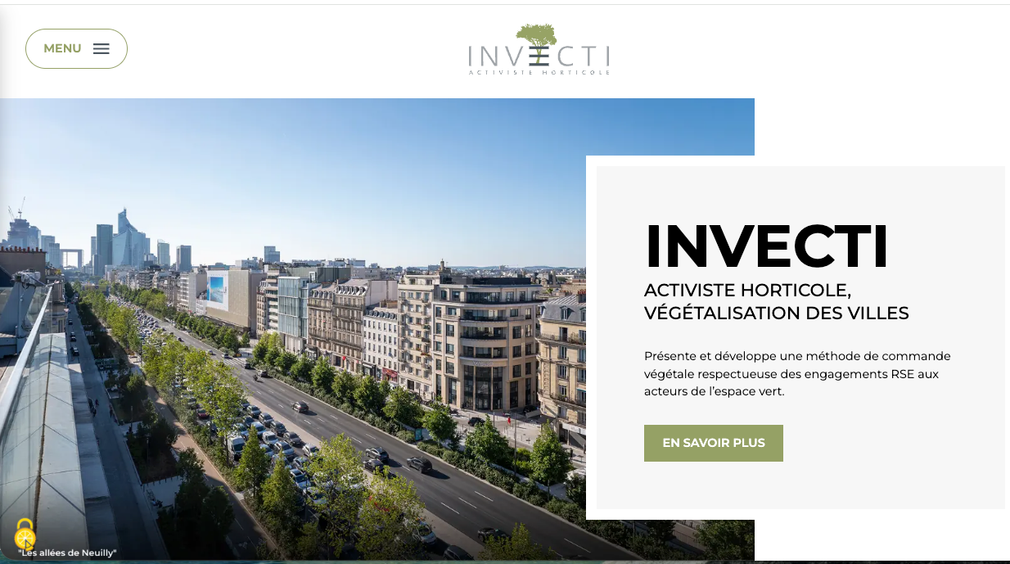 Website homepage for INVECTI featuring a cityscape and office building banner with a green call-to-action button