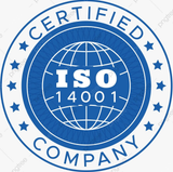 Sello de certificación ISO 14001 de color azul con globo terráqueo, estrellas y la leyenda “EMPRESA CERTIFICADA”.