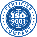 Sello de certificación ISO 9001 azul con texto blanco y gráfico de globo terráqueo.