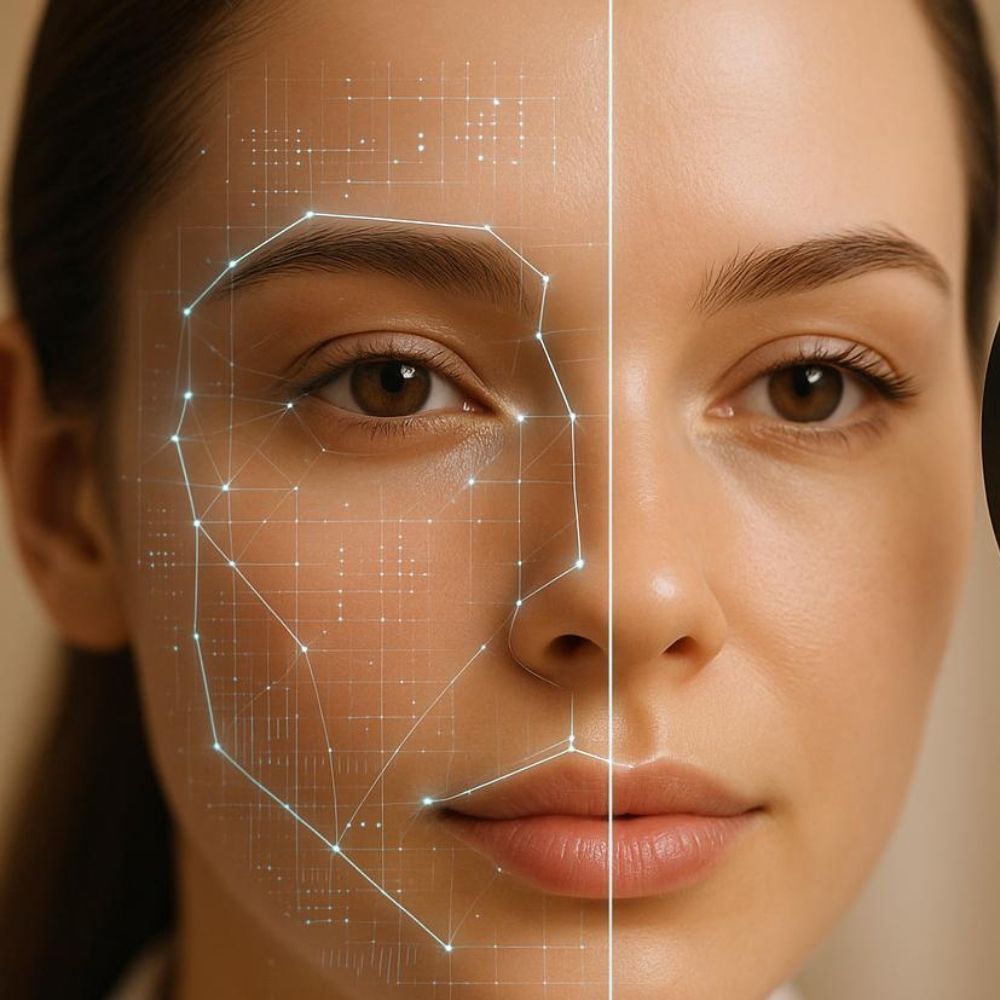 An AI skin analysis mesh mapped across one half of a patient's face