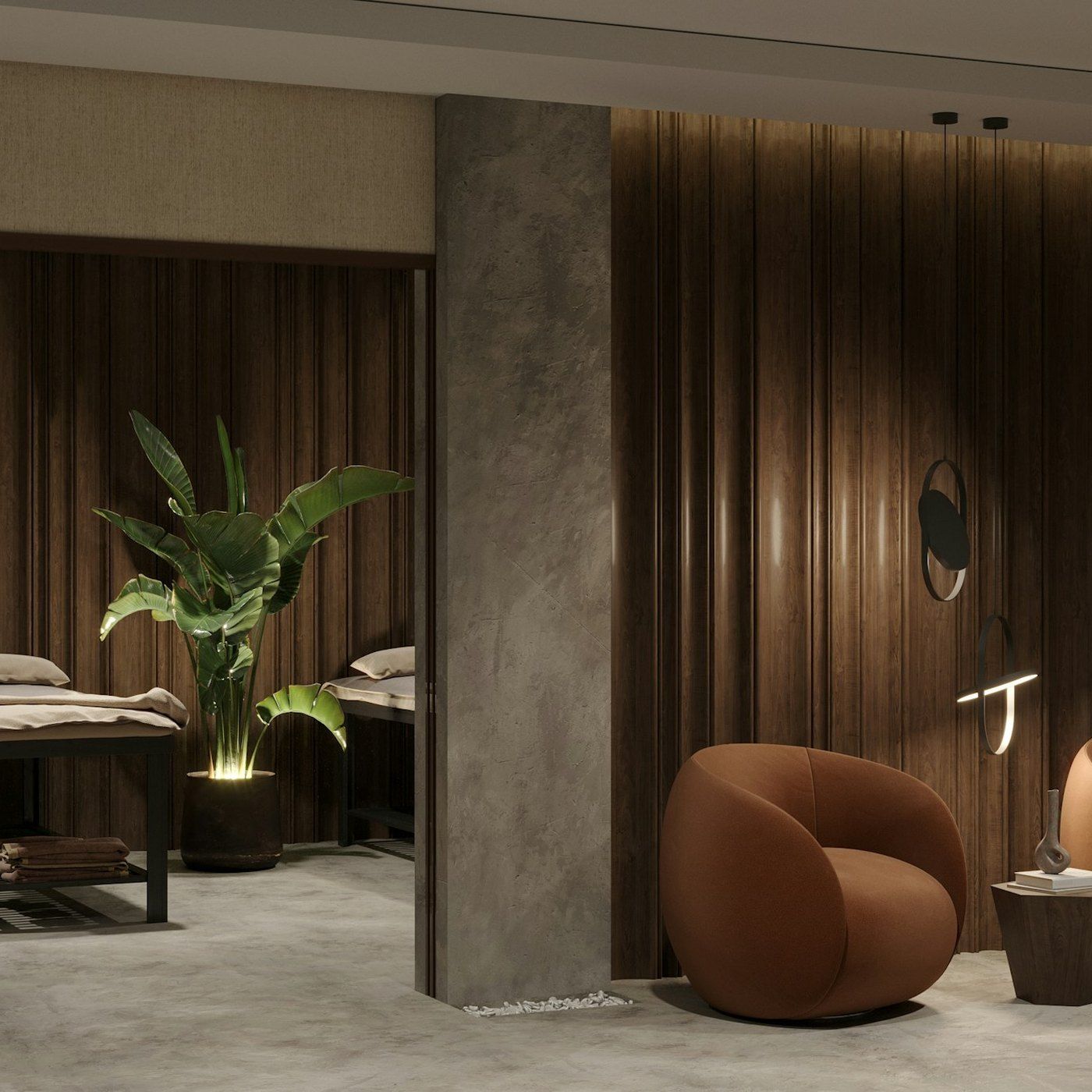 A warm, quiet treatment interior, part of the Aevum visual language