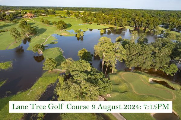 An aerial view of a golf course with a lake and trees