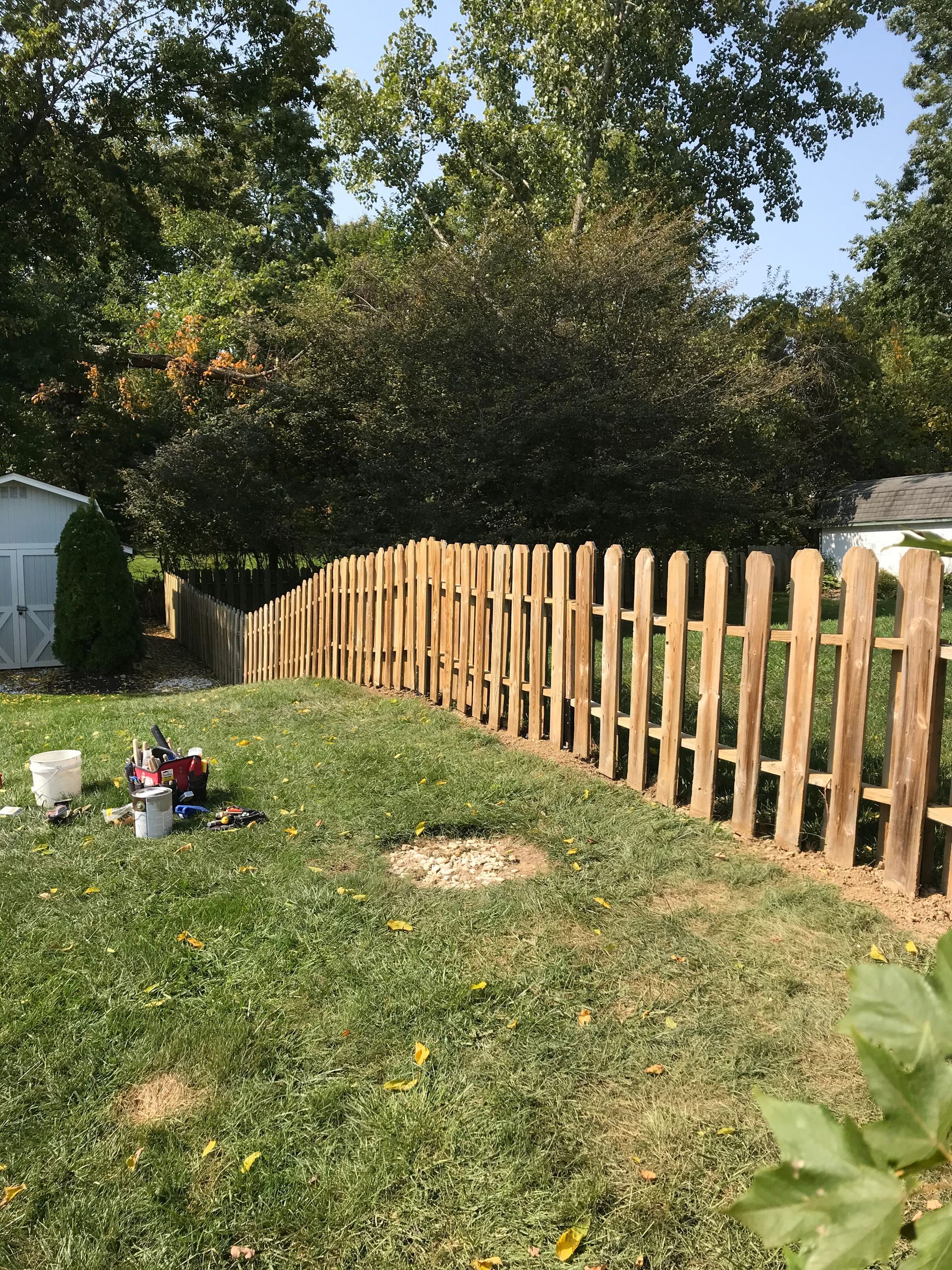 Wooden picket fence in a grassy backyard. Paint supplies visible, with trees and a shed in the background.