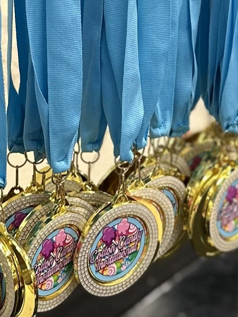 Blue ribbon medals with gold trim and colorful center emblems hanging in a row