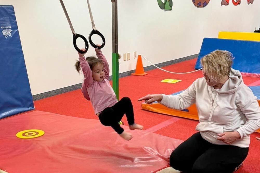 Young child on gymnastic rings, supervised by an adult in a gym.