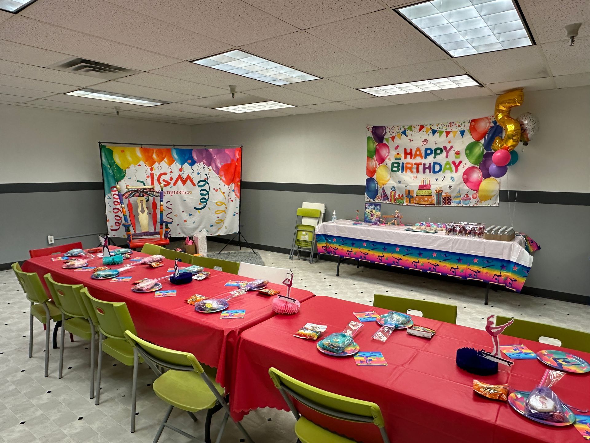 a gymnastics birthday party set up