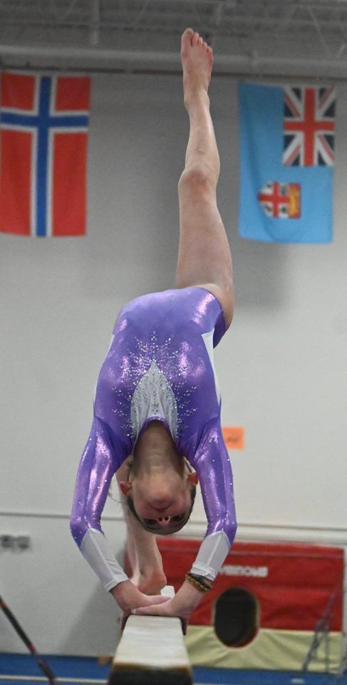 Gymnast in a purple leotard balancing upside down on a beam in a gymnasium, flags in the background