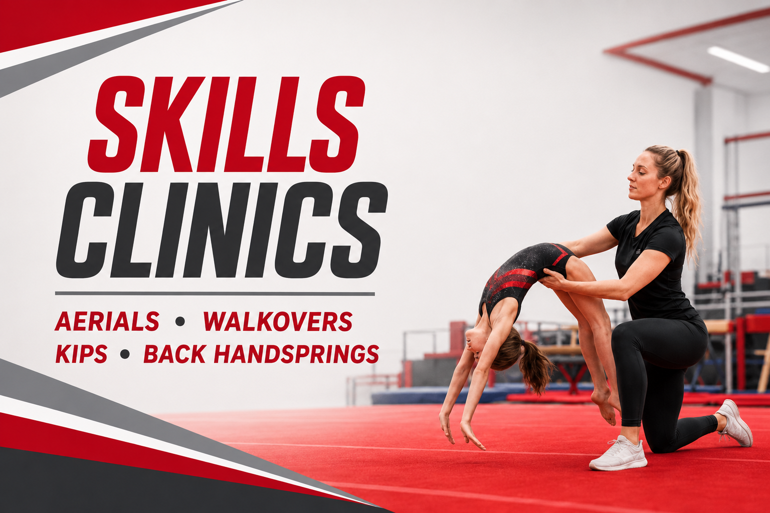 Skills Clinics poster with gymnast on red mat, promoting aerials, walkovers, kips, and back handsprings