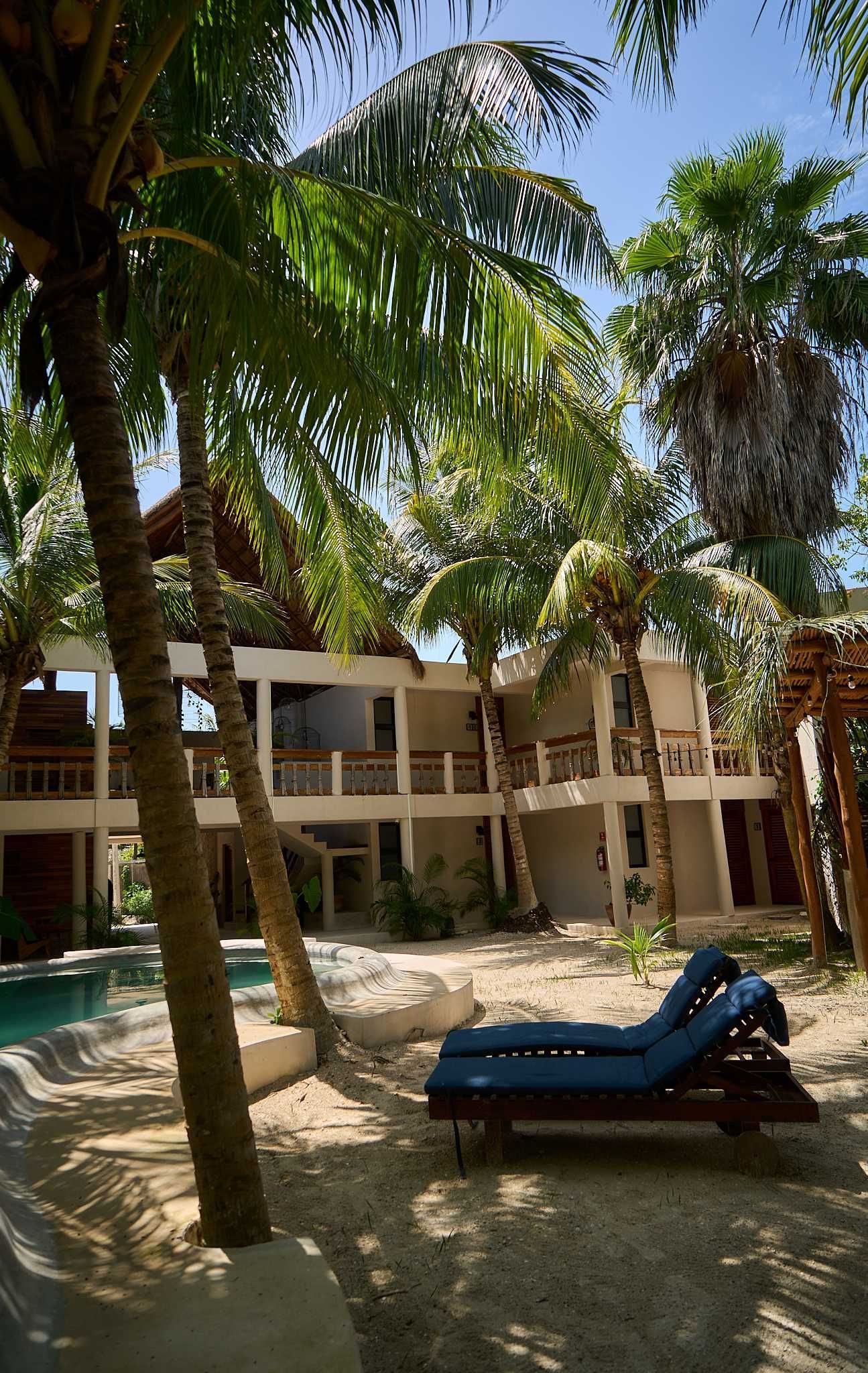 Patio tropical de hotel con palmeras y tumbonas azules junto a una piscina bajo un sol radiante.