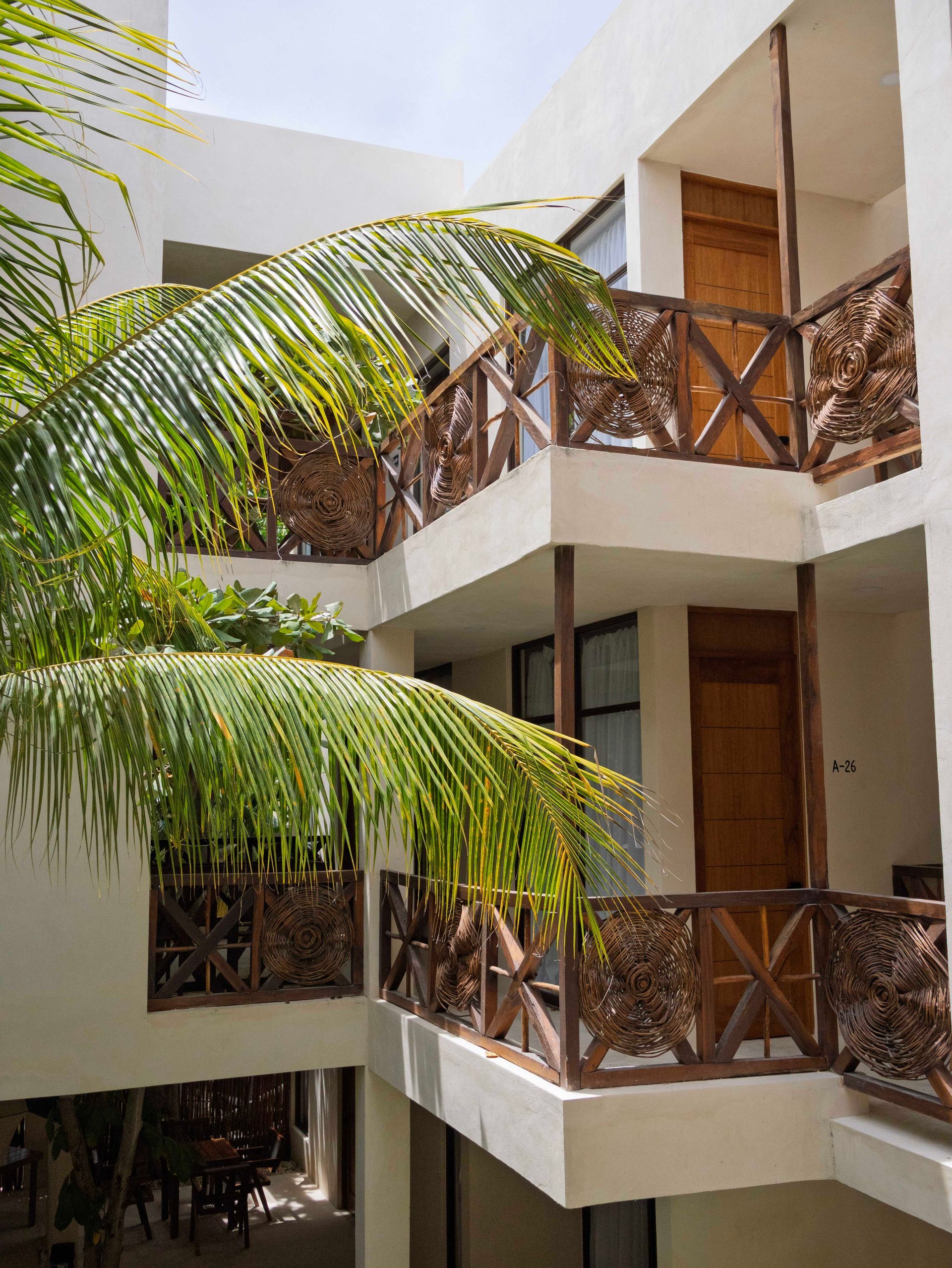 Balcones de edificios modernos con barandillas de madera, enmarcados por hojas de palmera y bañados por la luz del sol.