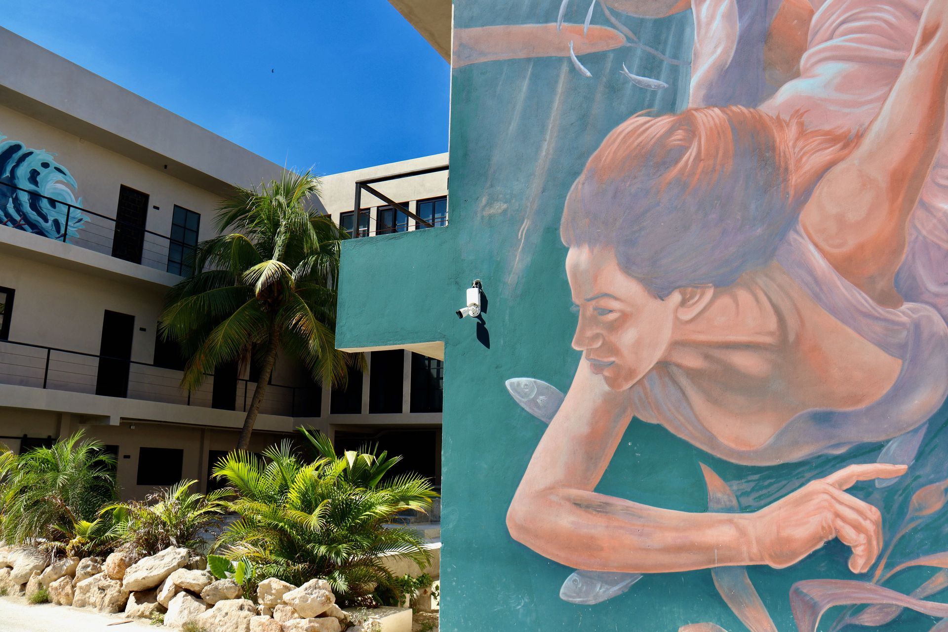 Patio con plantas tropicales junto a un mural que representa a un buceador en agua turquesa.