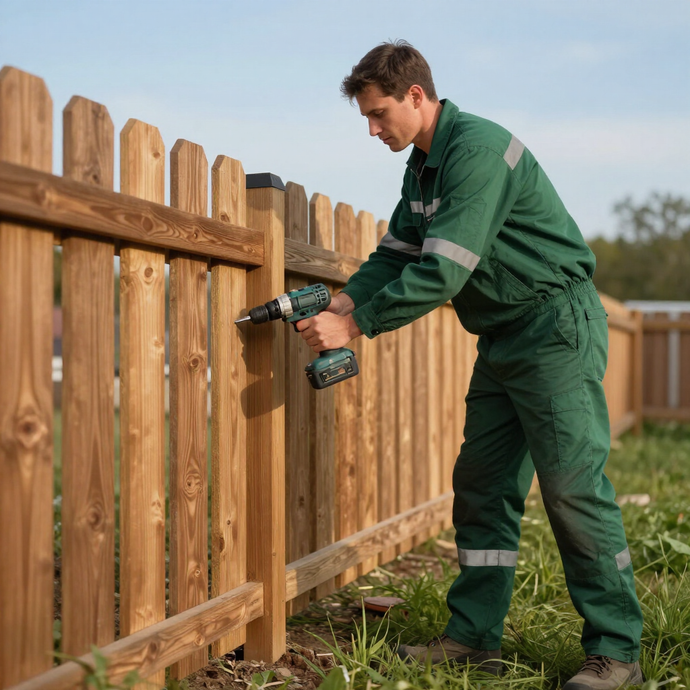 Contractor securing wood fence panels for a durable installation by Kent Fence Installation Expert, WA