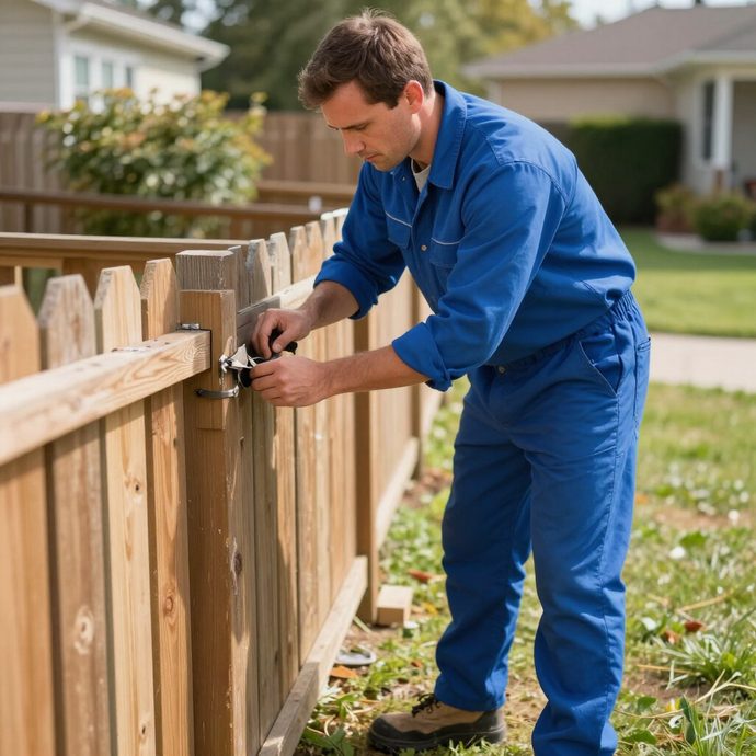 Professional repairing a residential wood fence by Kent Fence Installation Expert, WA fence installation company