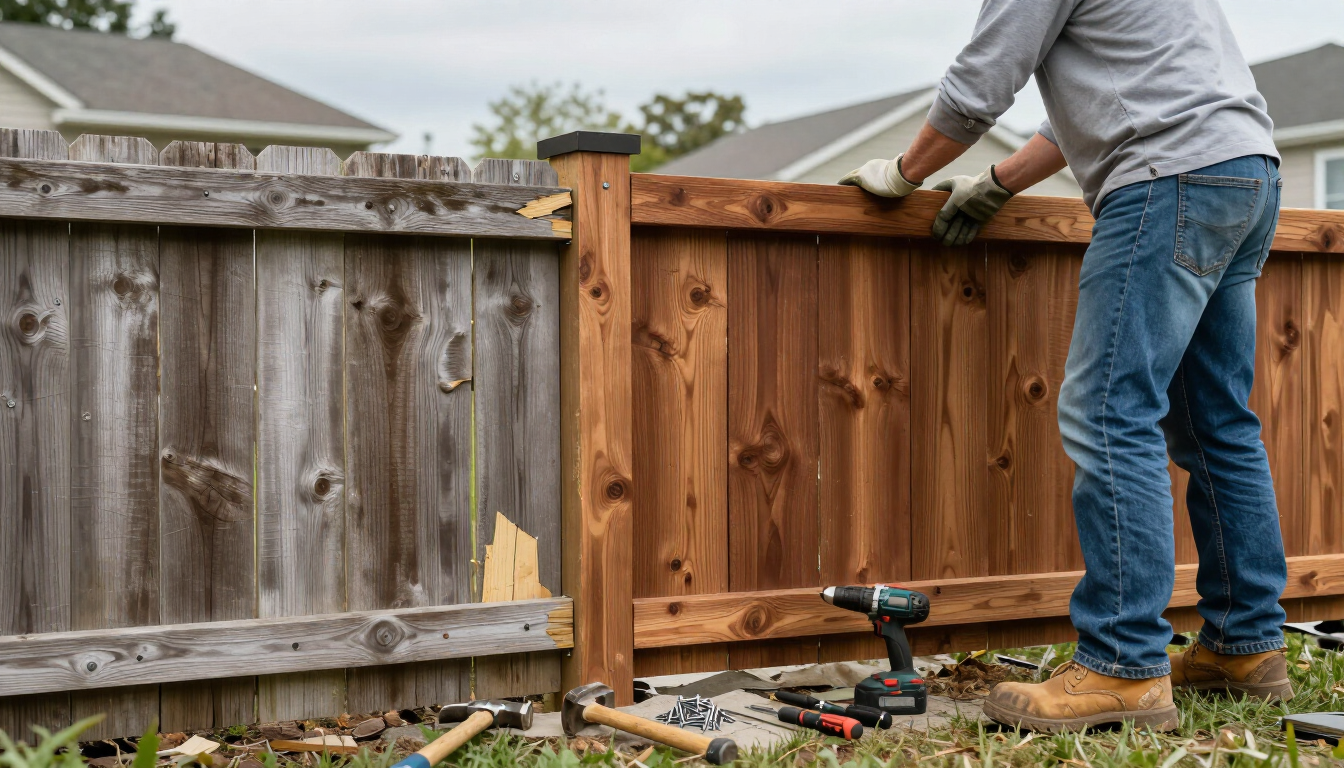 Worker staining and repairing a wooden fence, handled by Kent Fence Installation Experts in Kent, WA.
