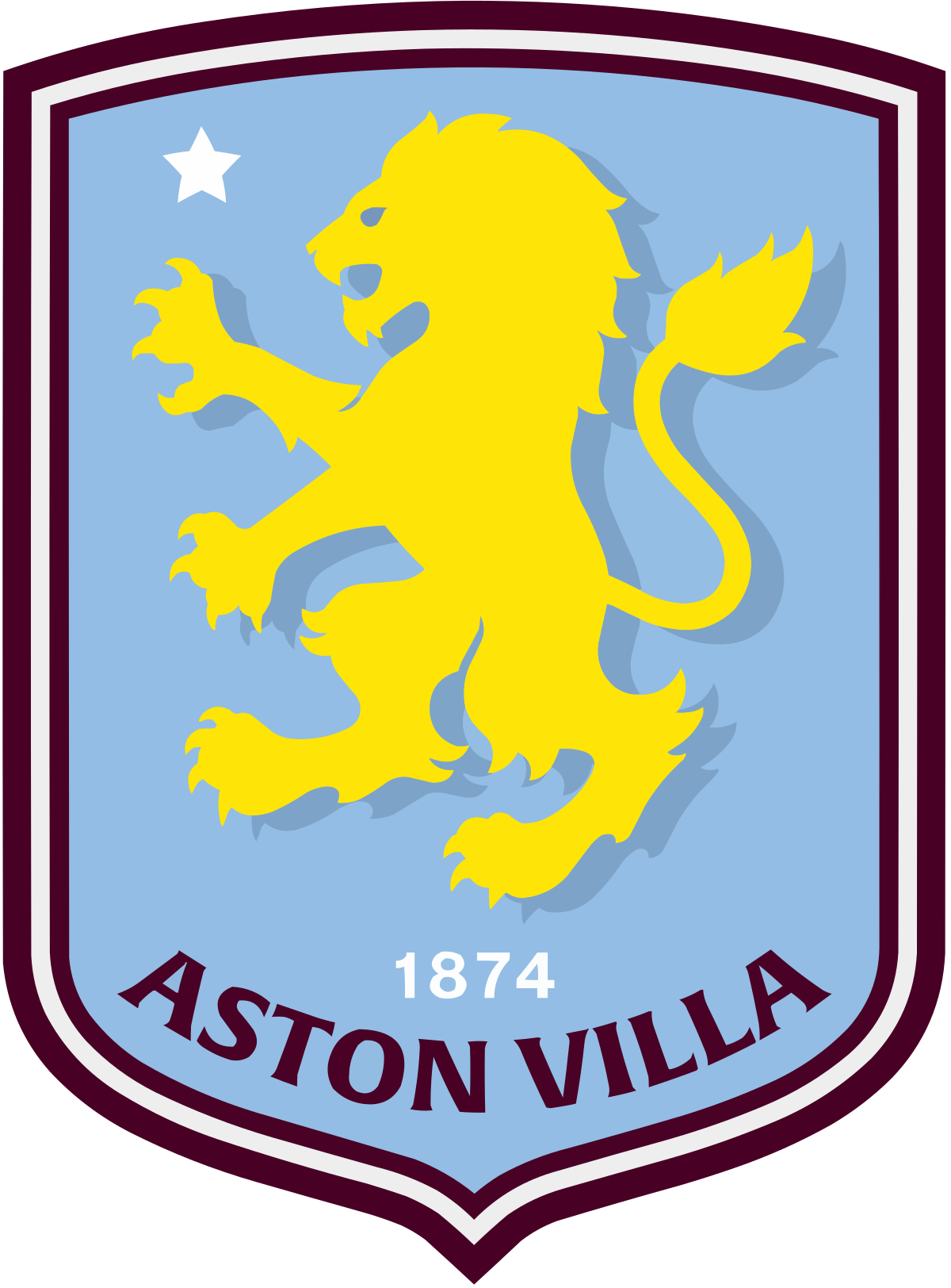 Aston Villa crest with yellow lion on light blue shield and maroon border, with 