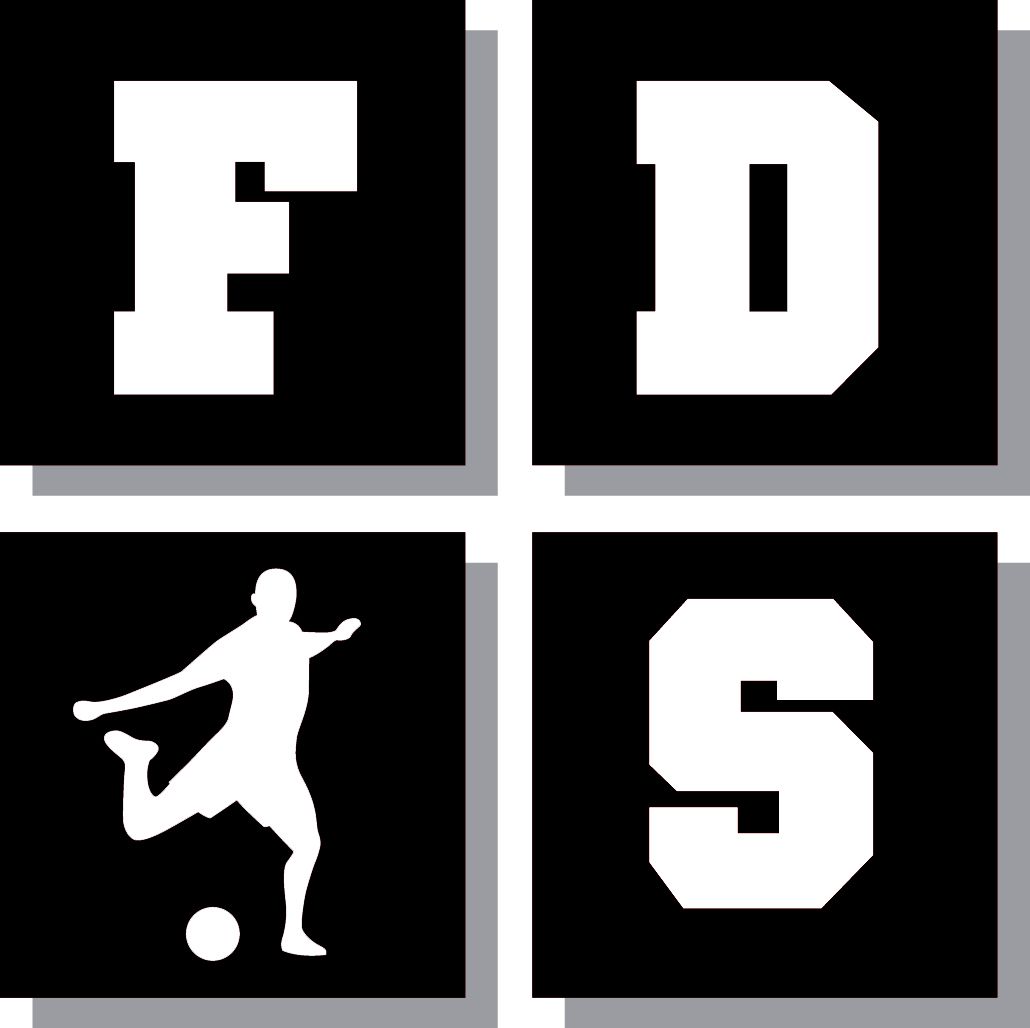 White F D S letters and a kicking soccer player silhouette on black squares, likely a sports logo