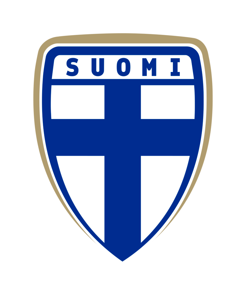 Blue-and-white shield emblem with “SUOMI” and a Nordic cross