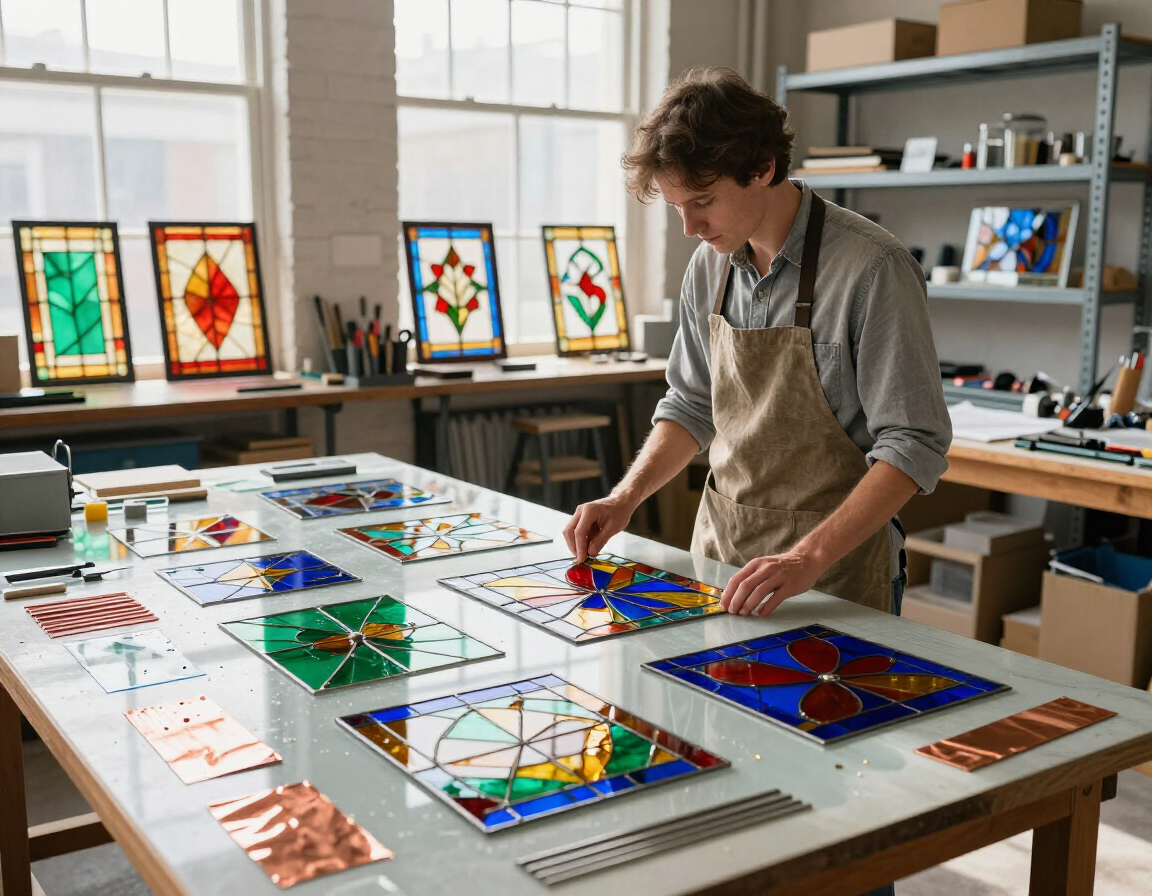 Artista trabajando en coloridos paneles de vidrieras en un estudio luminoso.