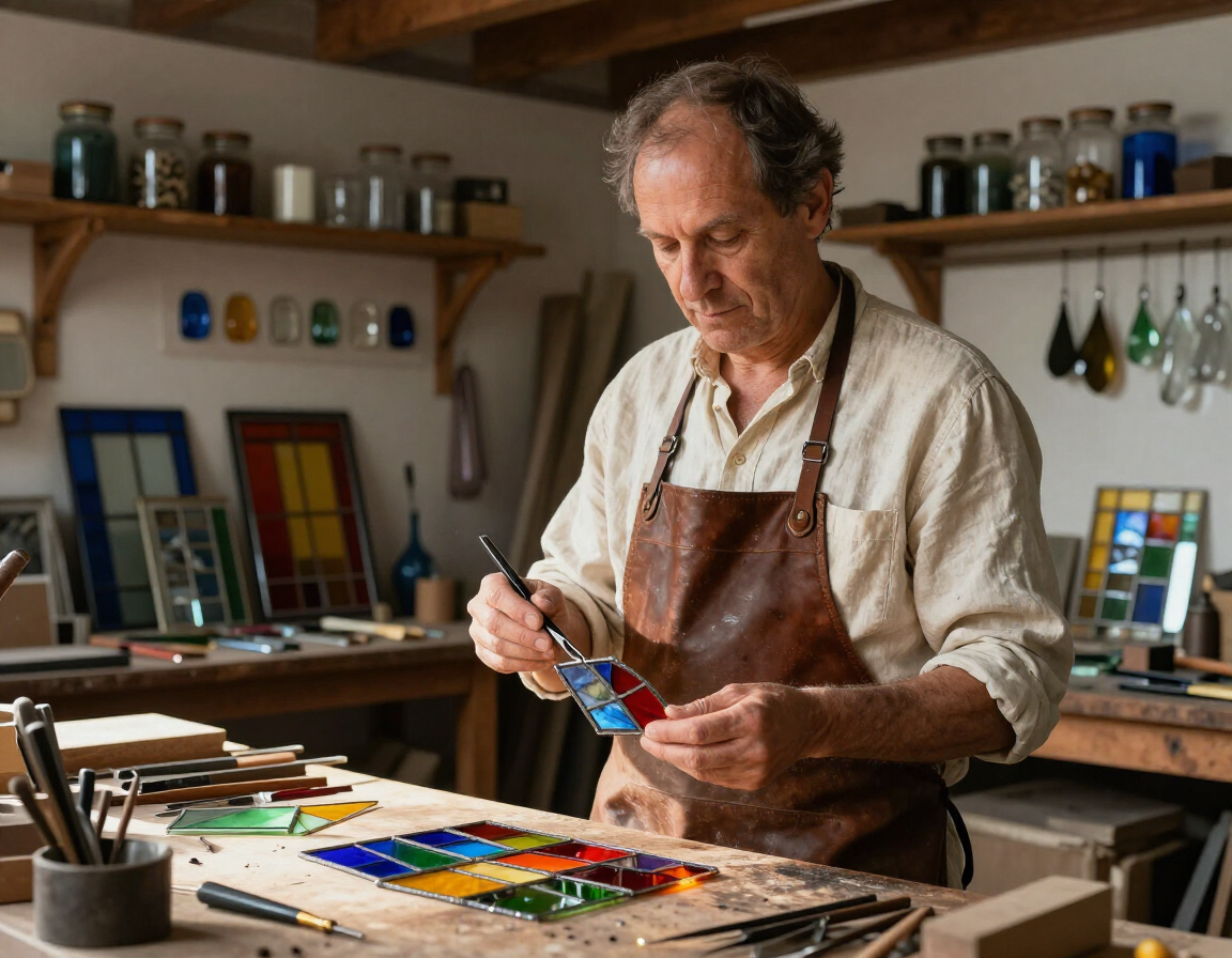 Un artista pinta un lienzo colorido en un estudio iluminado por el sol, sosteniendo un pincel y un tubo de pintura.