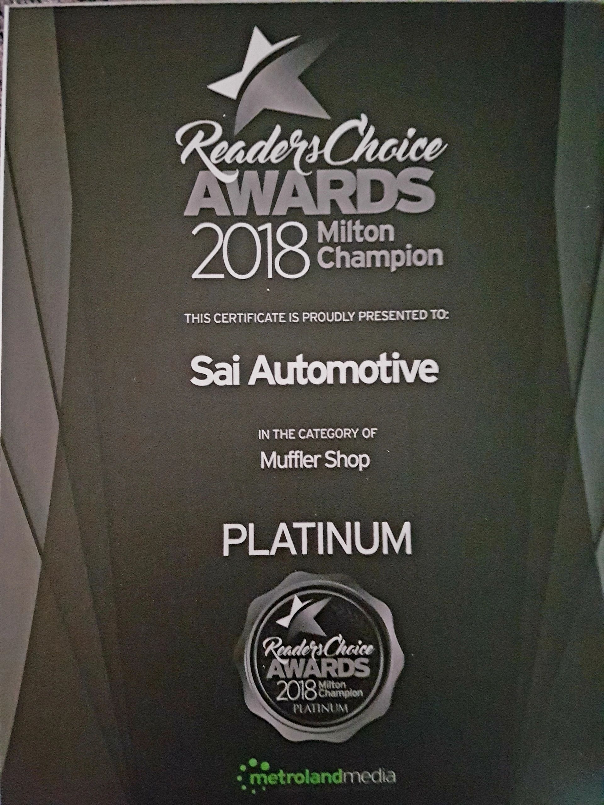 2018 Reader's Choice Awards Platinum | SAI Automotive Inc.
