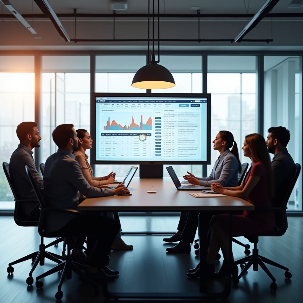 Business team meeting around a table, looking at a screen displaying data.