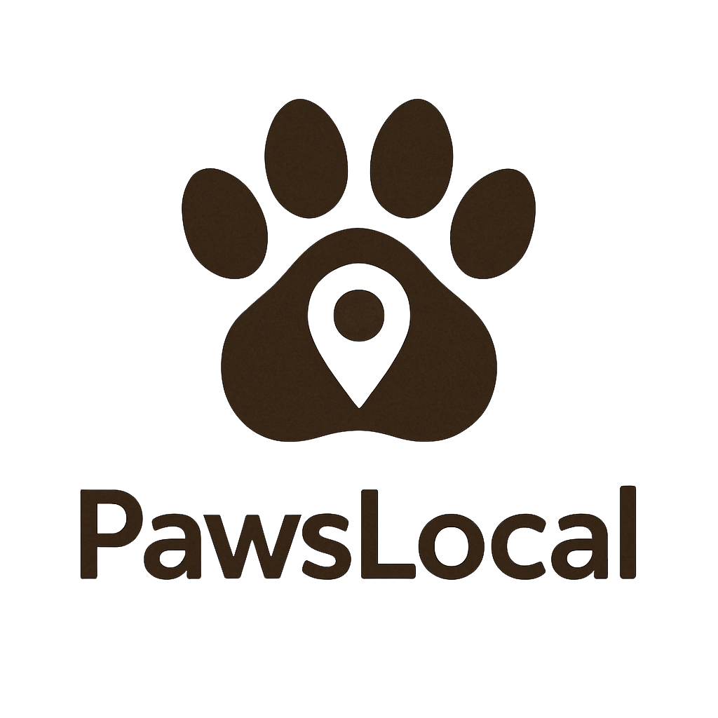 Brown paw print with white location pin over 