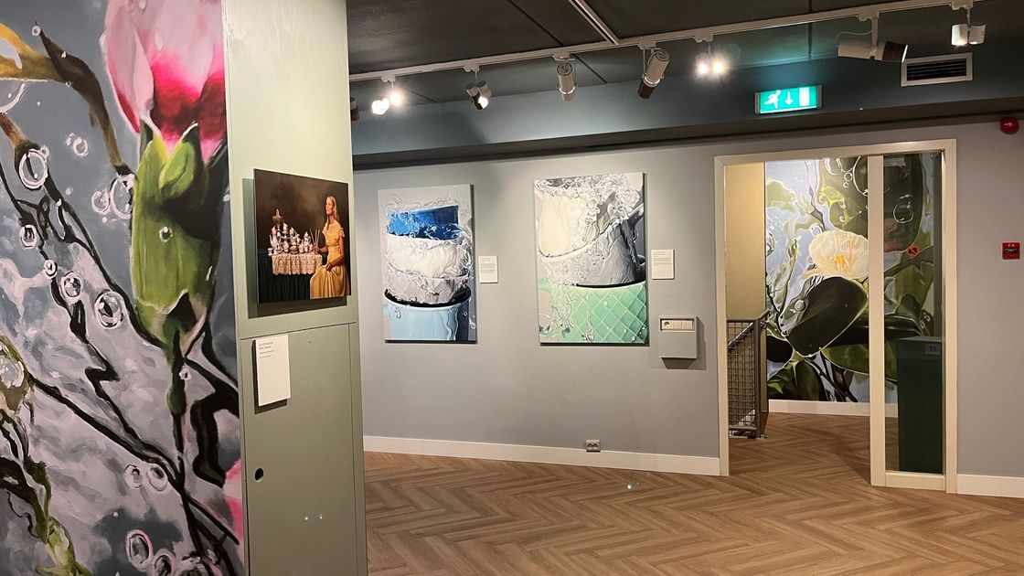 Interieur van het Huyizer Museum met  schilderijen op grijze muren, een witte deuropening en een vloer met patroon.