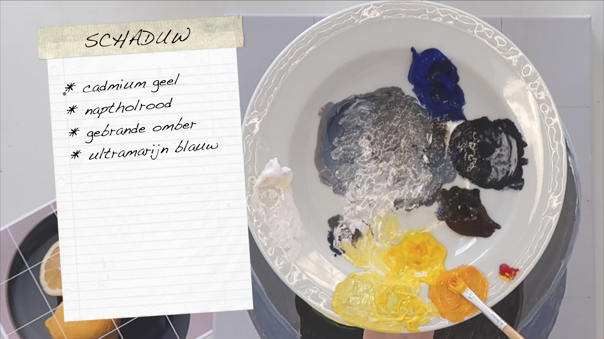 Een mengbord met verf, een palet met instructies. Een stil van een online schildercursus van Hannelore Houdijk.