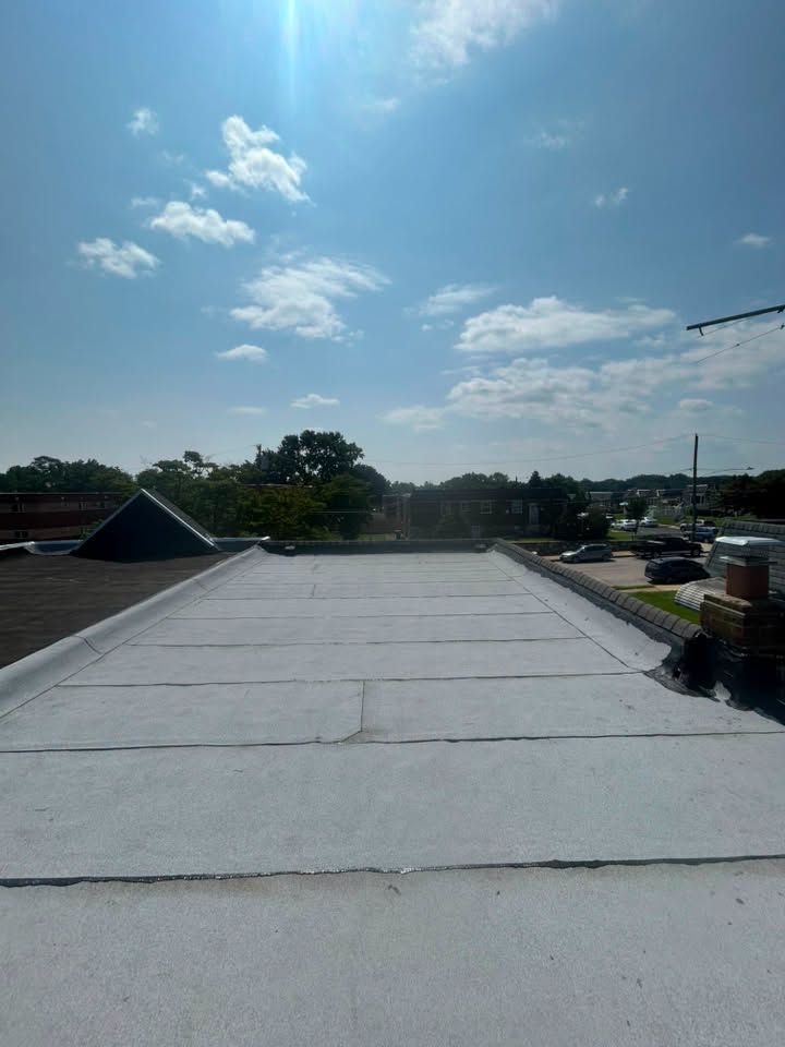 Flat white rooftop under a bright blue sky with scattered clouds and distant trees.