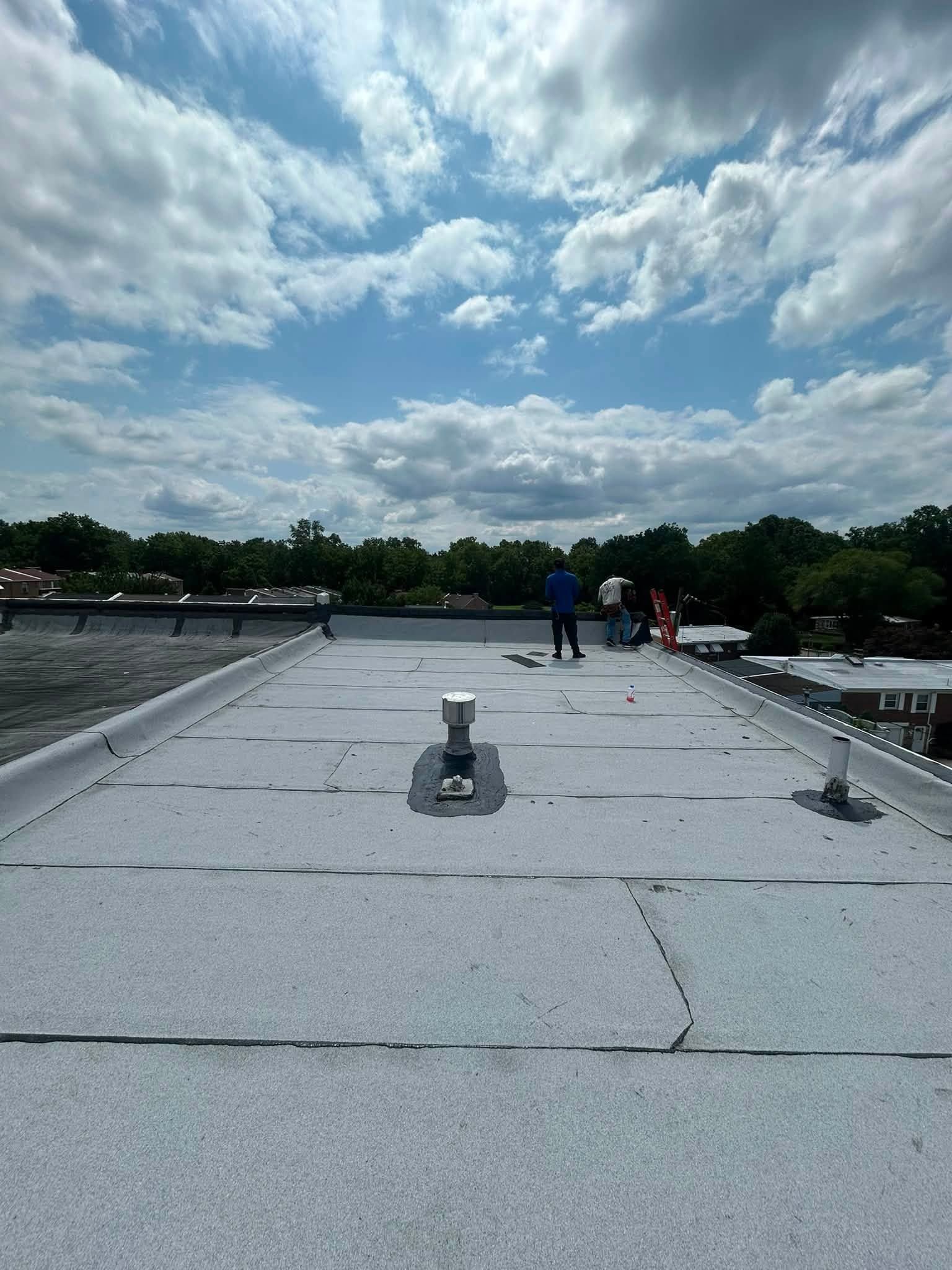 People walking on a flat rooftop under a cloudy sky, with vents and tree line in the distance.