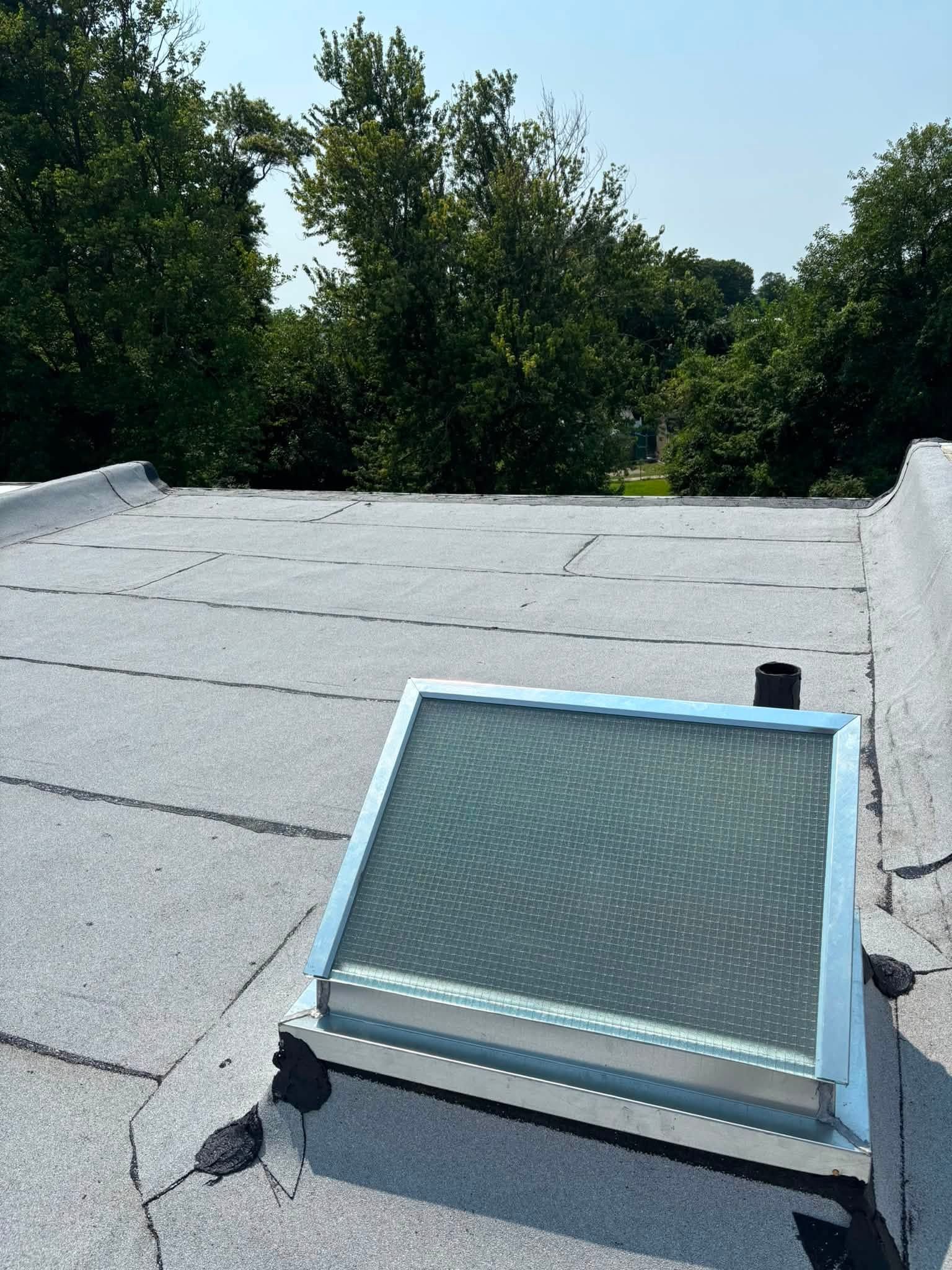 Rooftop skylight with blue-tinted glass on a gravel roof, trees in the background.