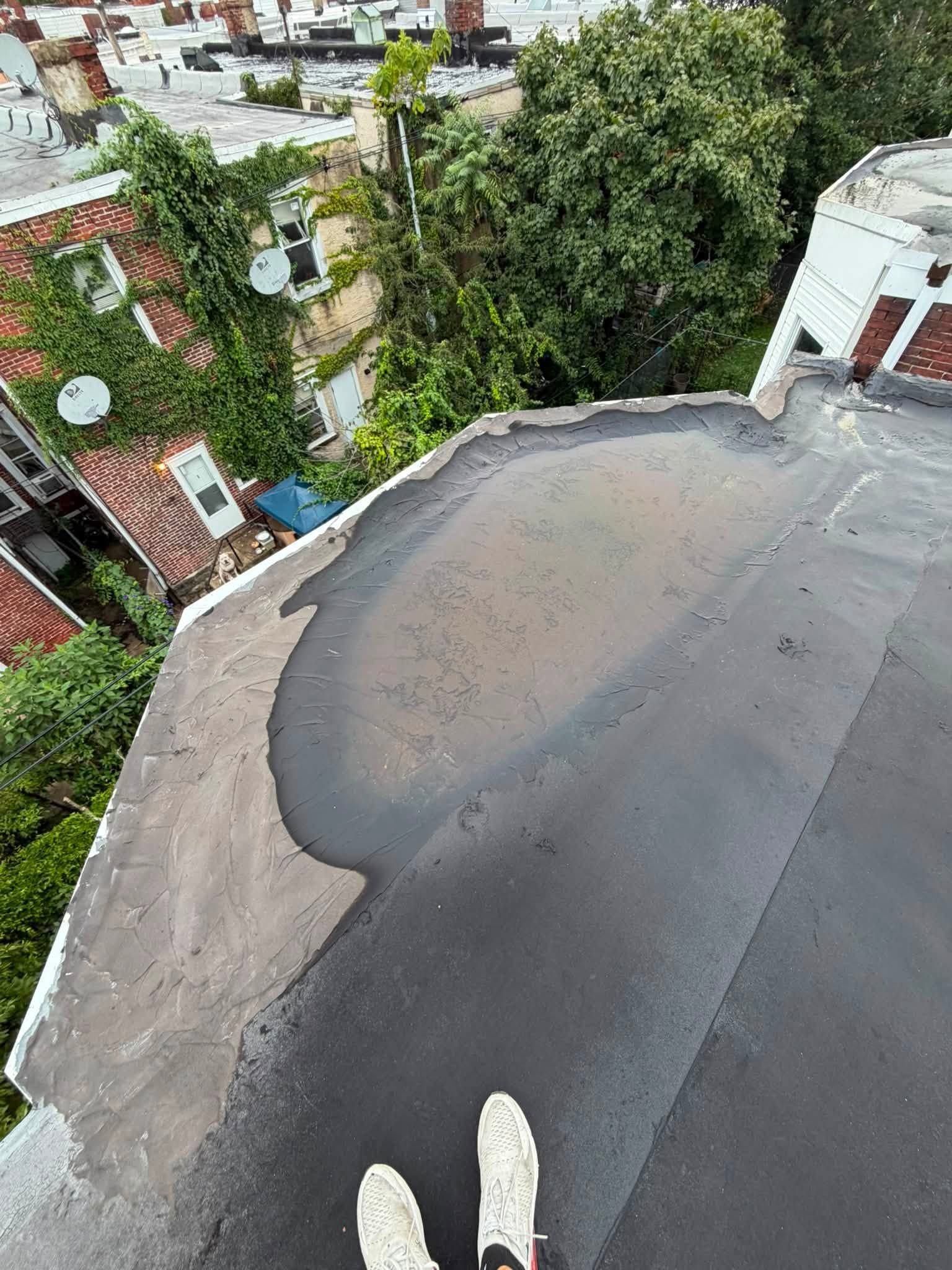 View from a rooftop showing a black tarp or roofing patch beside a tree-lined street and brick buildings