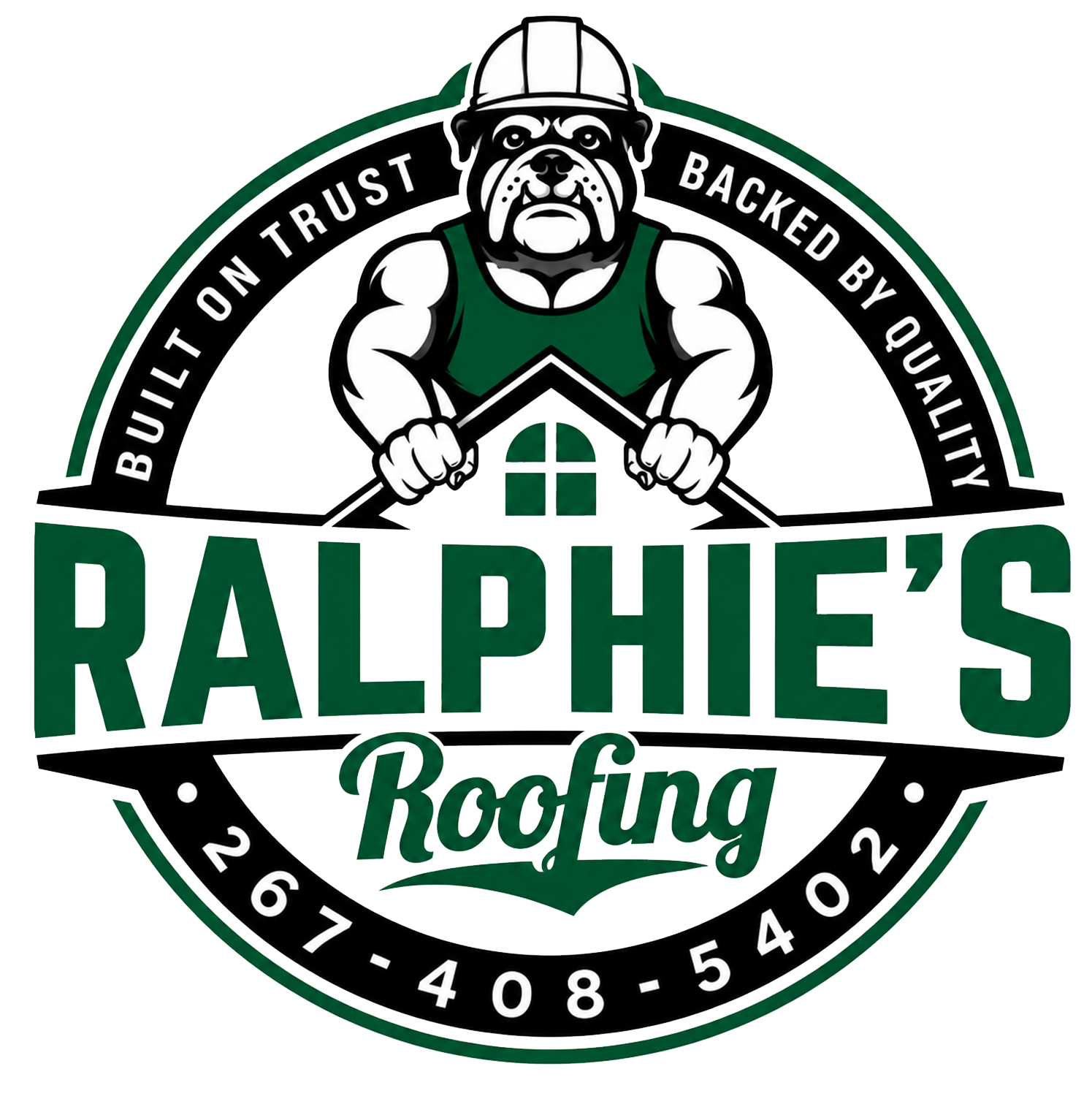 Ralphie&rsquo;s Roofing logo with cartoon roofer, green roof, and &ldquo;Built on trust, backed by quality&rdquo; text