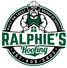 Ralphie&rsquo;s Roofing logo with cartoon roofer, green roof, and &ldquo;Built on trust, backed by quality&rdquo; text