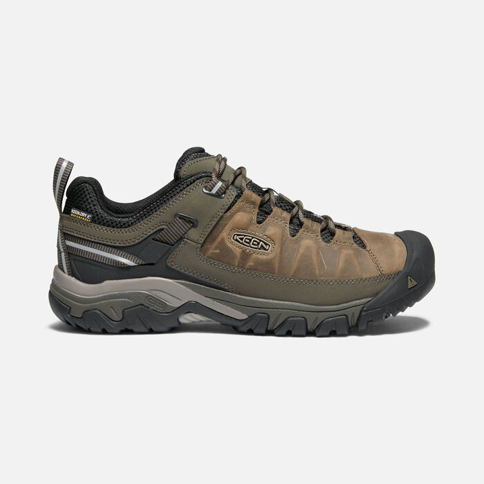 Brown and black hiking shoe on a white background, with a thick tread and a reinforced toe.