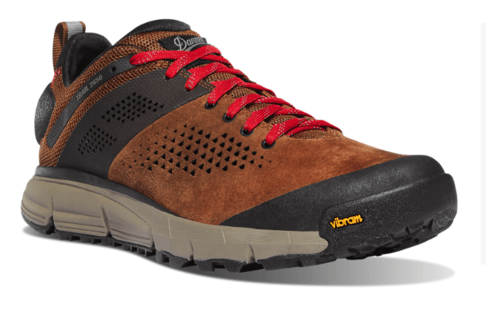 Brown and black Danner hiking shoe with red laces, featuring a Vibram sole.