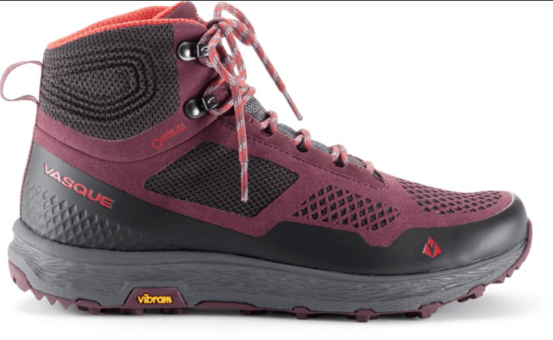 Maroon and black Vasque hiking boot with Vibram sole.