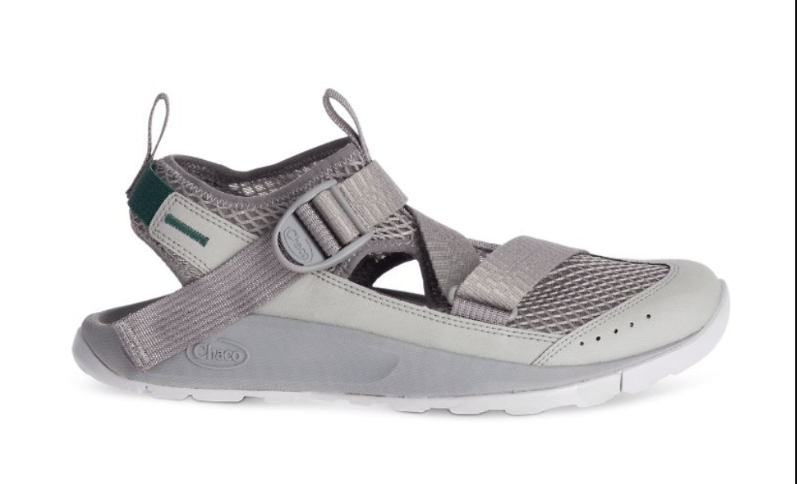 Gray and white Chaco water shoe with adjustable straps and a mesh upper.