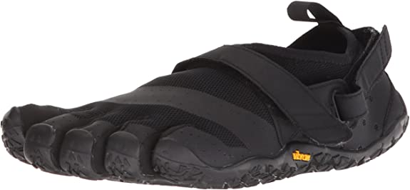 Black Vibram FiveFingers shoe. It has individual toe slots and straps.
