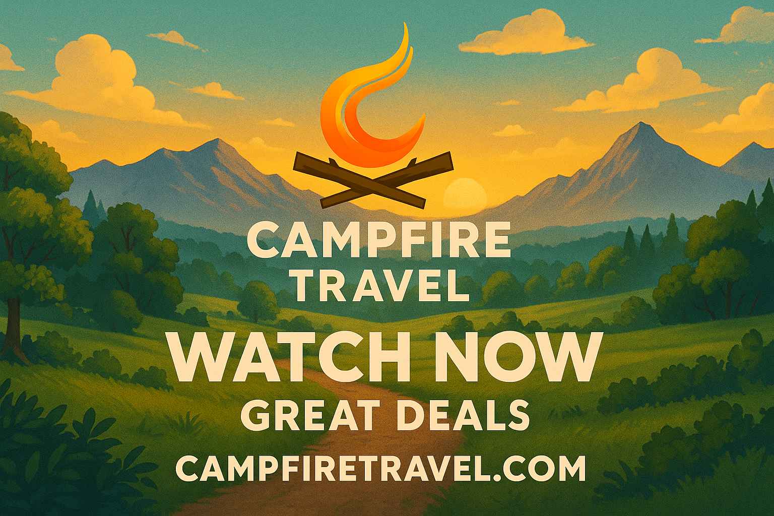 Campfire Travel advertisement: Campfire graphic over a mountain landscape. 