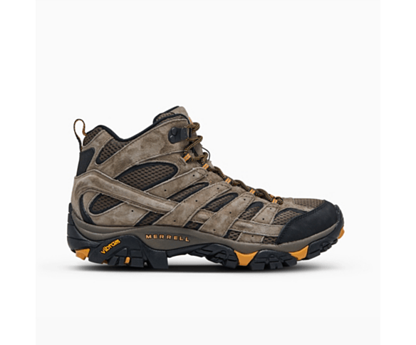 Brown Merrell hiking boot with black and orange accents.