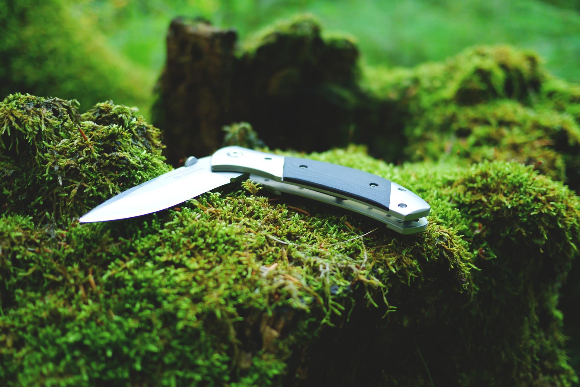 Pocket knife with open blade, resting on green moss in an outdoor setting.