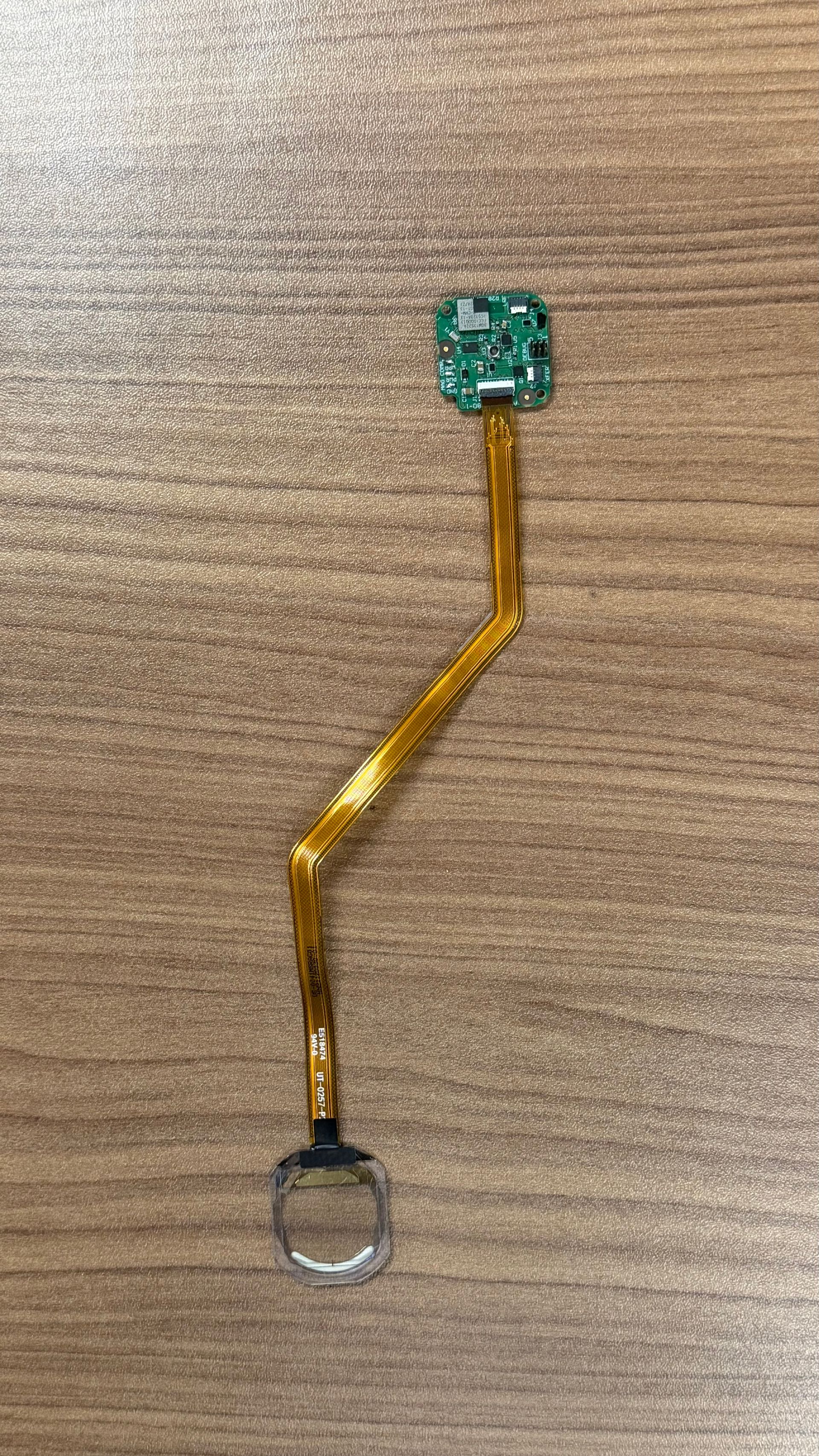 A finger print scanner module with a small green circuit board connected to a circular sensor by a flexible ribbon cable.