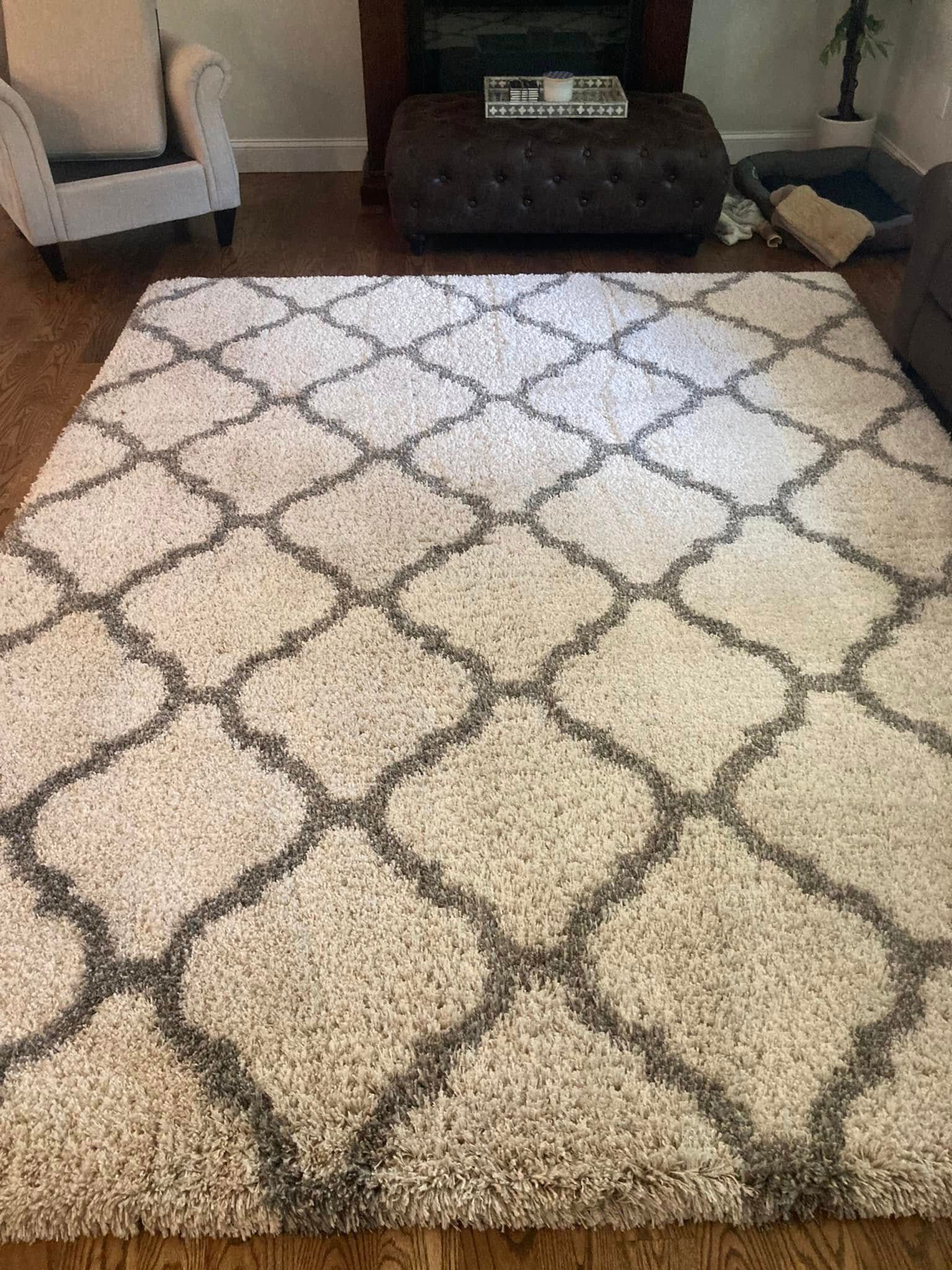 Living room with a cream patterned rug, gray chair, dark ottoman, and hardwood floor.