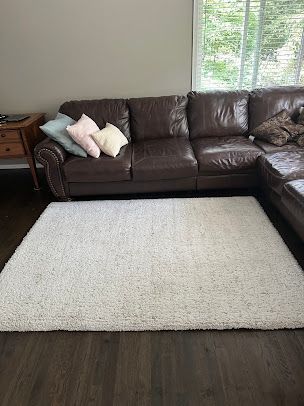 Living room with a dark brown sectional sofa, white shag rug, and a window with blinds.