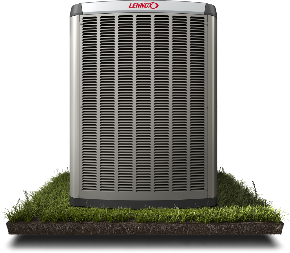 Lennox outdoor air conditioner unit on a patch of grass