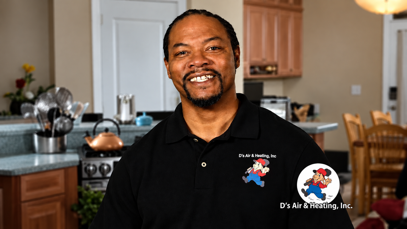 Man smiling in a black polo shirt in a kitchen with a stove, sink, and dining area in the background